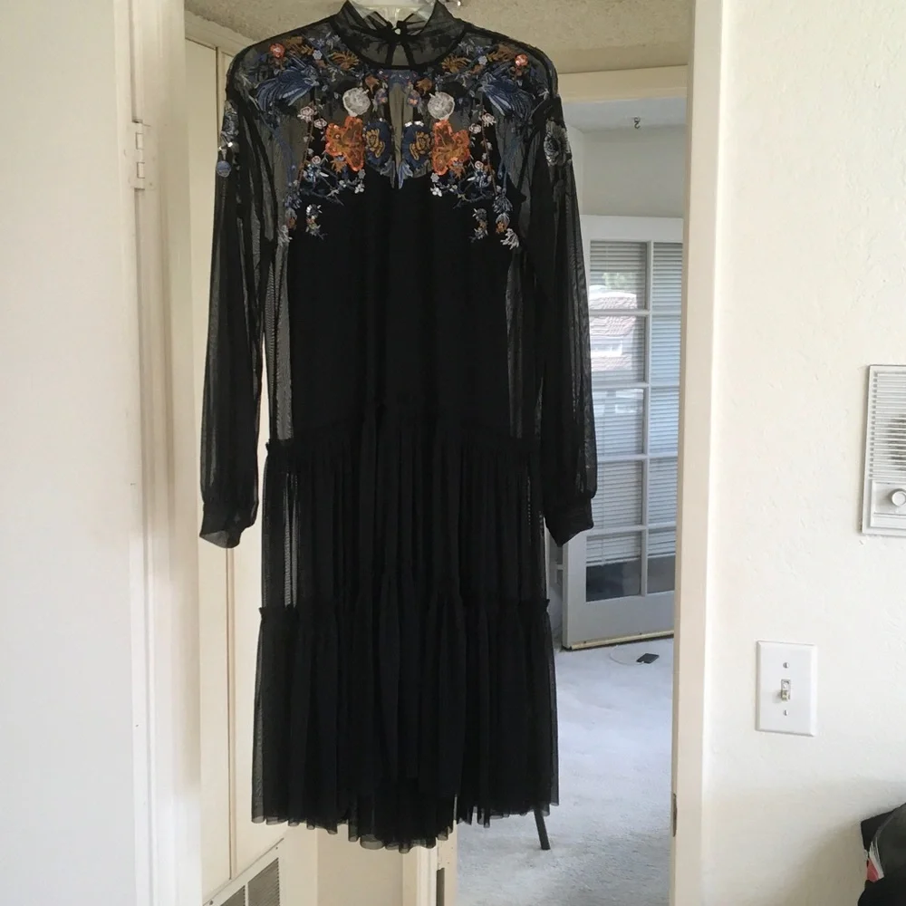 FP/BLACK-“SHEER DELIGHT”HIGH NECK EMBROIDERED SEQUIN MIDI DRESS